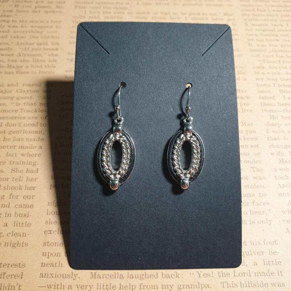 Silver Tone Oval Dangling Earrings Womens Jewelry Fashion Fish Hook Backs Black